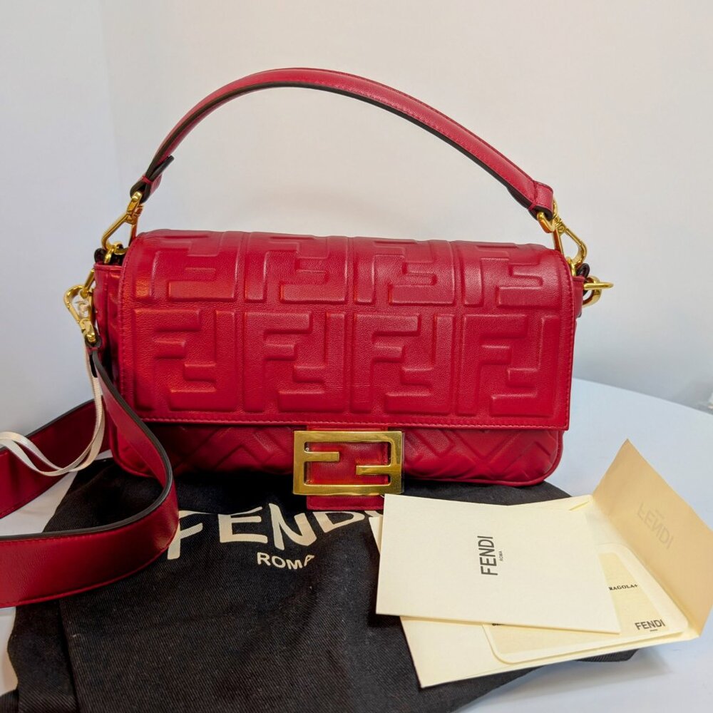 Fendi Red Embossed Baguette Bag with Embossed FF Monogram